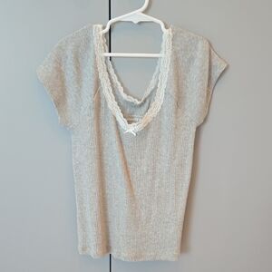 Aeropostale Lace-Trim Ribbed Camisole - Light Gray with White Trim